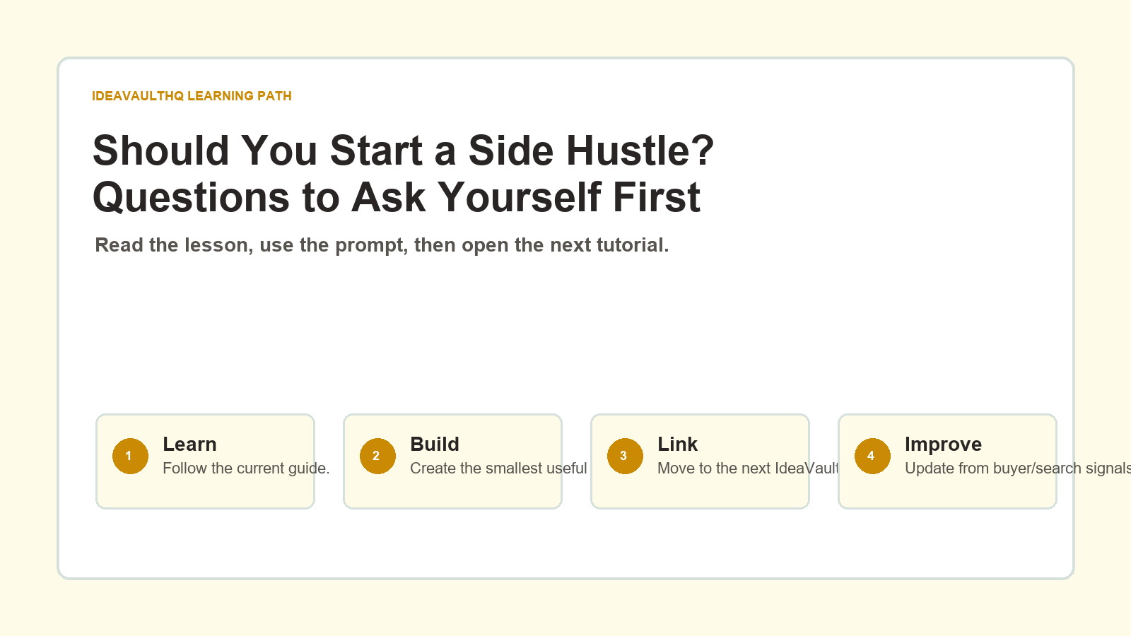 Original IdeaVaultHQ learning path graphic for Should You Start a Side Hustle? Questions to Ask Yourself First