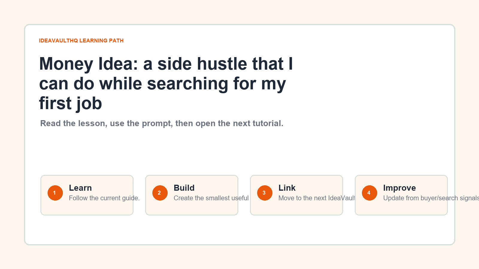 Original IdeaVaultHQ learning path graphic for Money Idea: a side hustle that I can do while searching for my first job