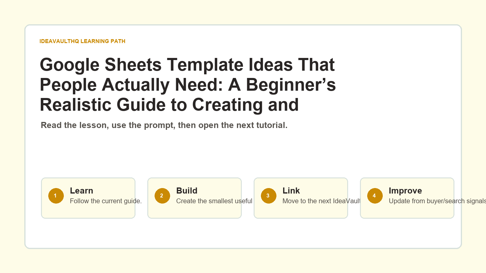 Original IdeaVaultHQ learning path graphic for Google Sheets Template Ideas That People Actually Need: A Beginner’s Realistic Guide to Creating and Selling Digital Products