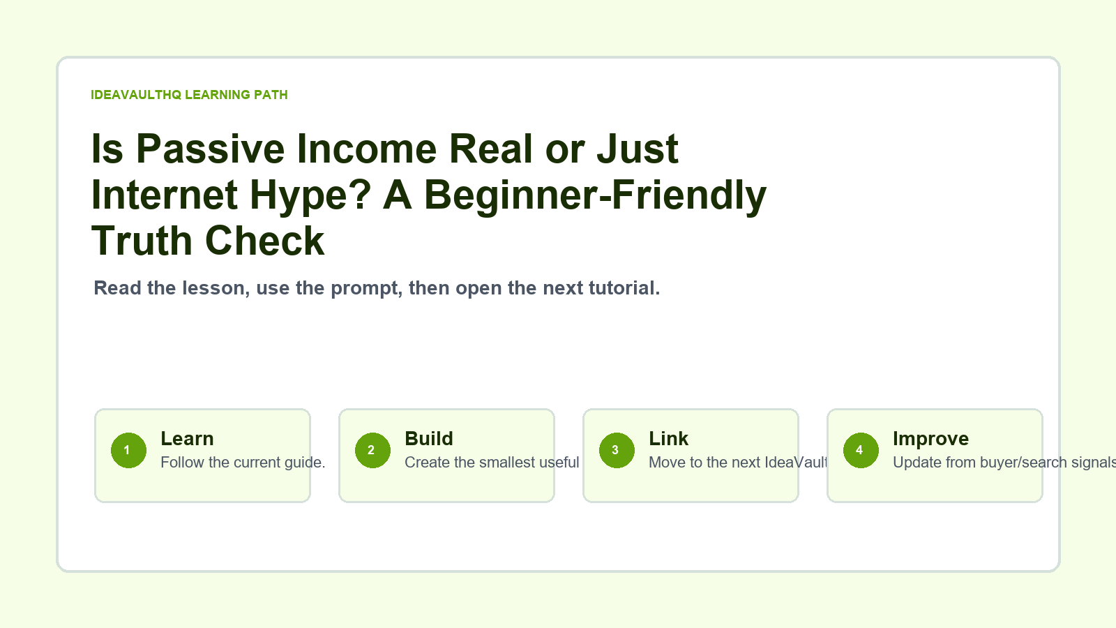 Original IdeaVaultHQ learning path graphic for Is Passive Income Real or Just Internet Hype? A Beginner-Friendly Truth Check