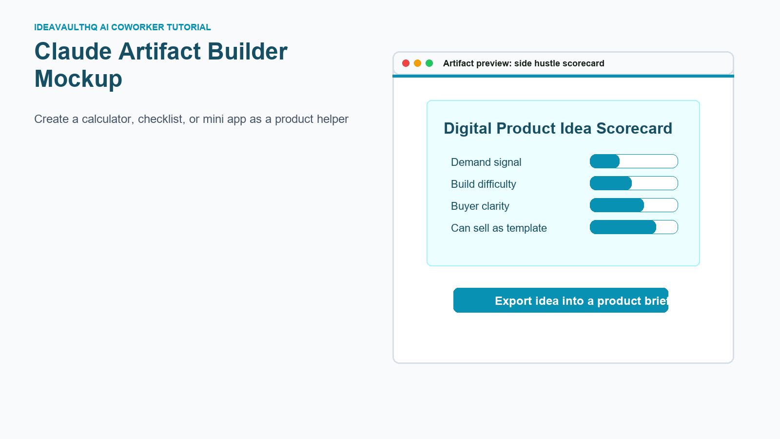 Realistic Claude Artifact scorecard mockup for digital product ideas