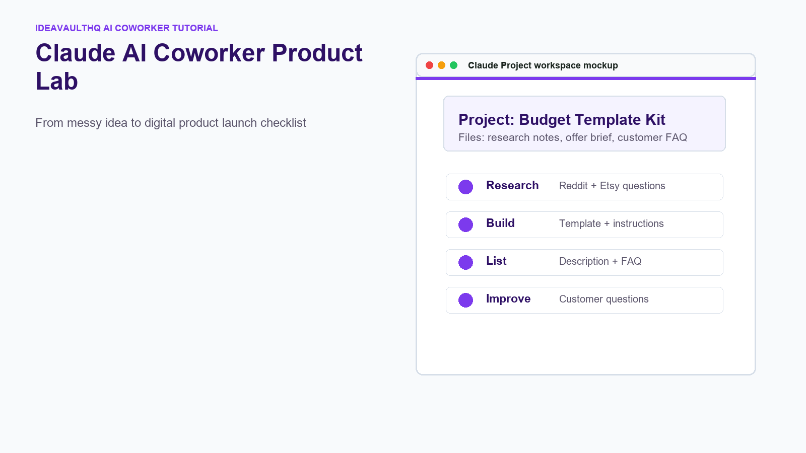Realistic Claude AI coworker product lab workspace for building a digital product