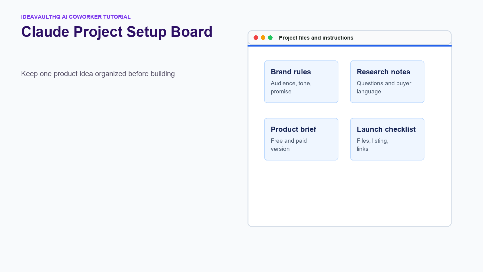 Realistic Claude Project setup board for organizing a digital product side hustle