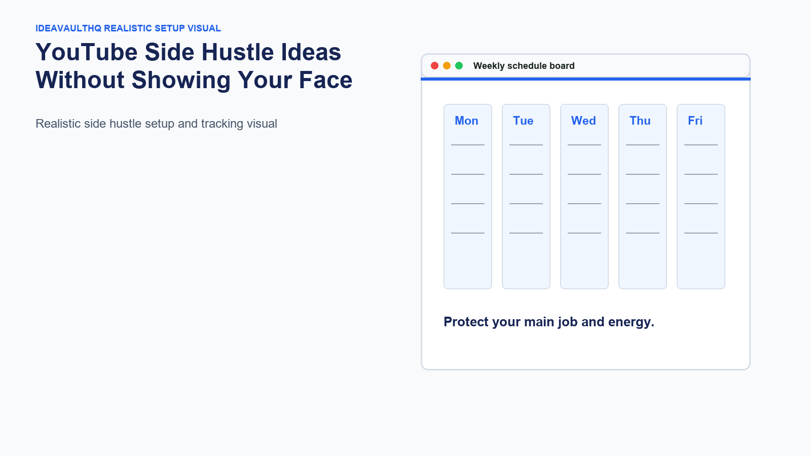 Workflow board for YouTube Side Hustle Ideas Without Showing Your Face