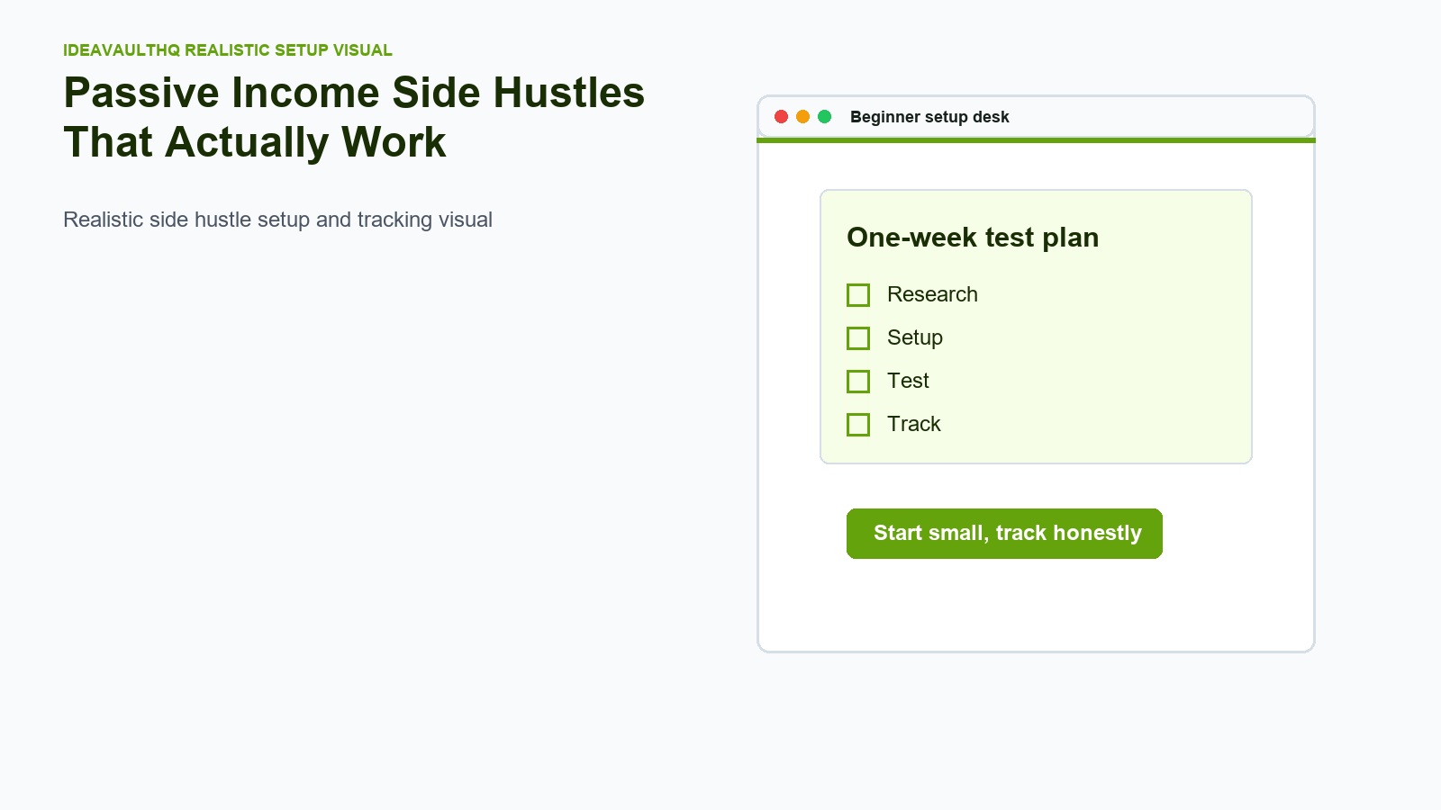Realistic IdeaVaultHQ setup visual for Passive Income Side Hustles That Actually Work