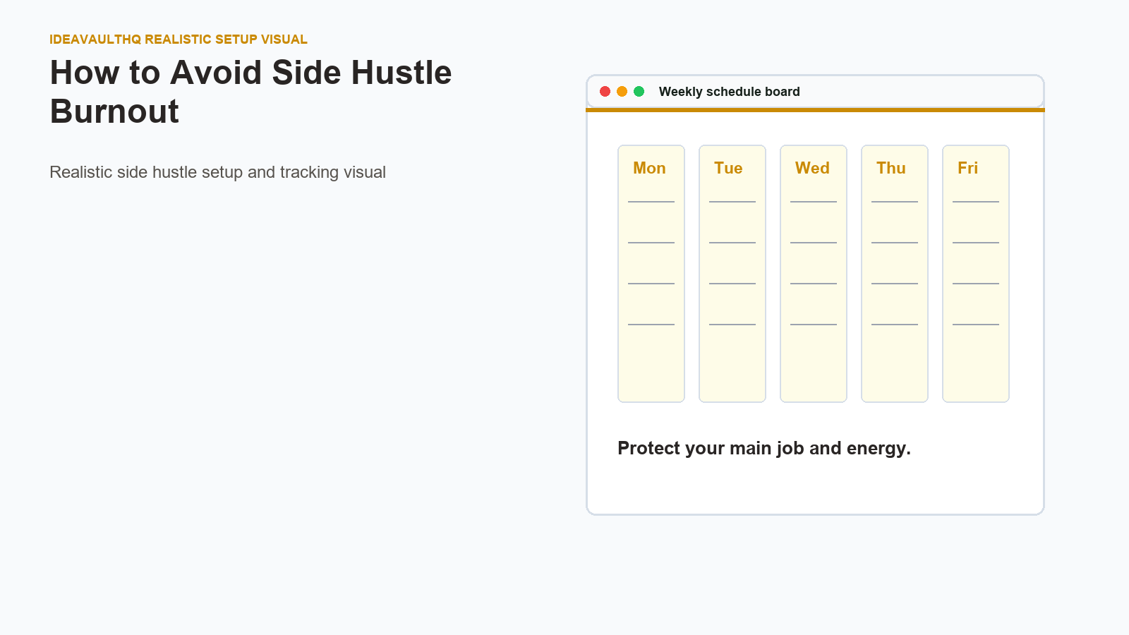 Realistic IdeaVaultHQ setup visual for How to Avoid Side Hustle Burnout