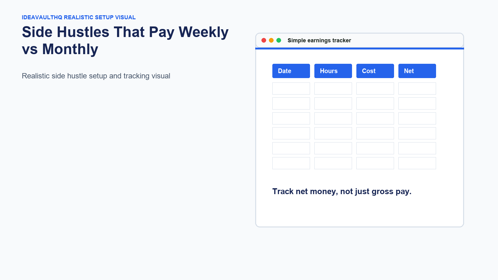 Realistic IdeaVaultHQ setup visual for Side Hustles That Pay Weekly vs Monthly