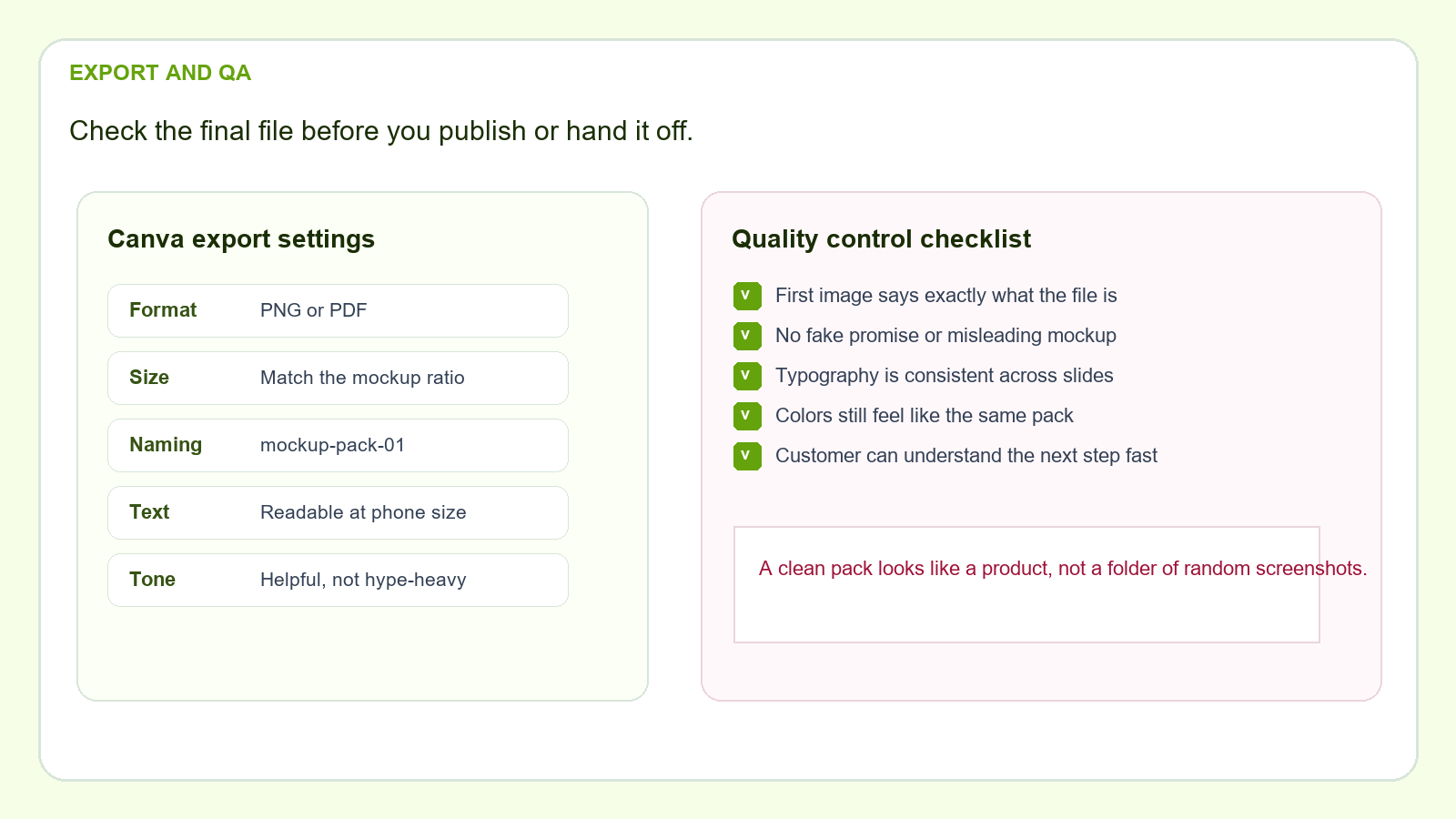 Export and quality control checklist for mockup pack files