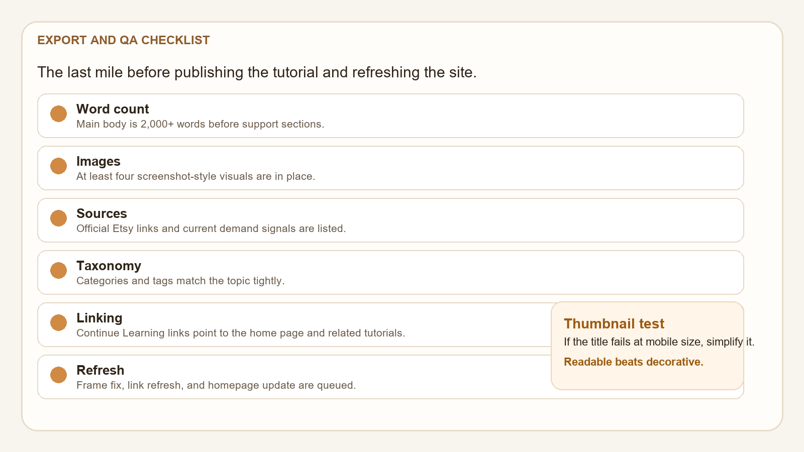 Screenshot-style checklist for exporting the research workbook and checking the Etsy draft