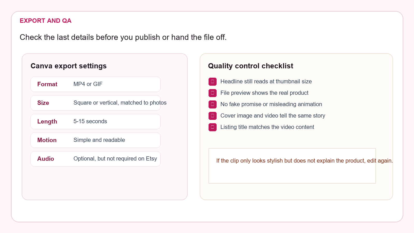 Export and quality-check screen for a Canva listing video