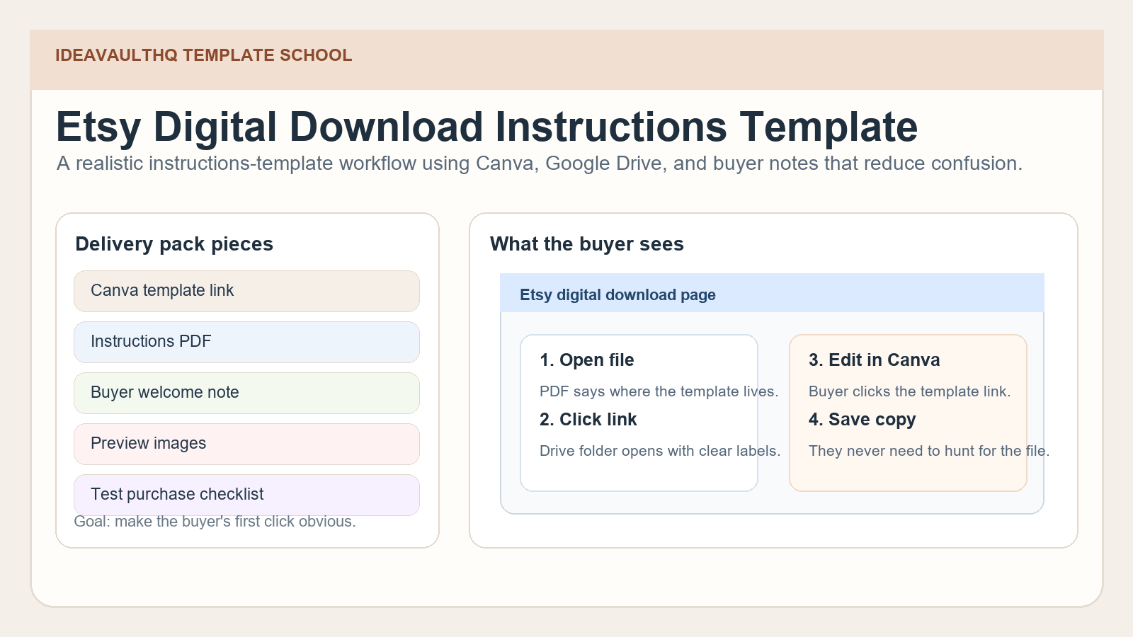 Screenshot-style cover showing Google Drive, Canva template links, and Etsy download instructions on one clean workspace.