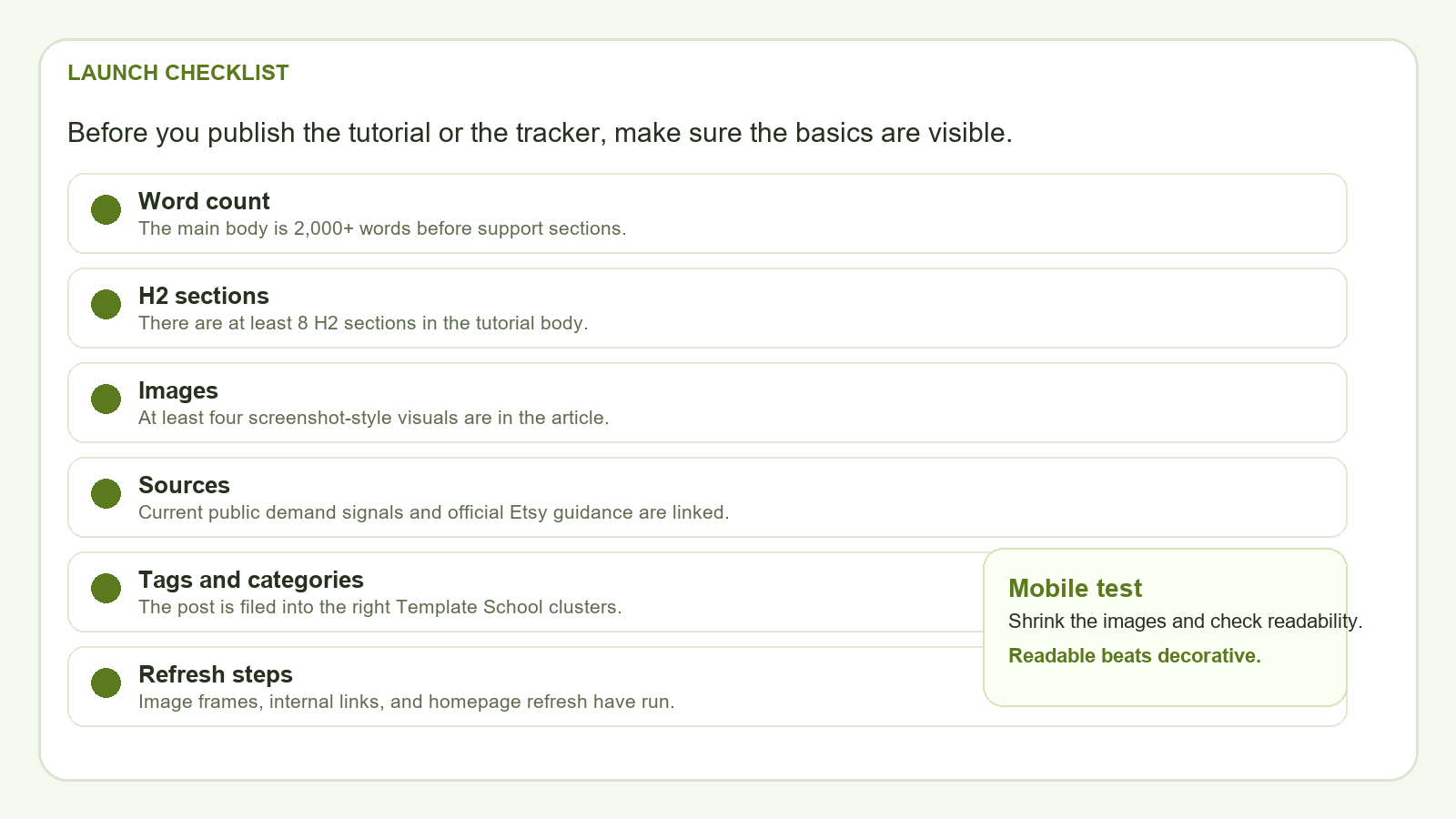 Screenshot-style launch checklist for the tracker tutorial with word count, images, sources, and refresh steps.