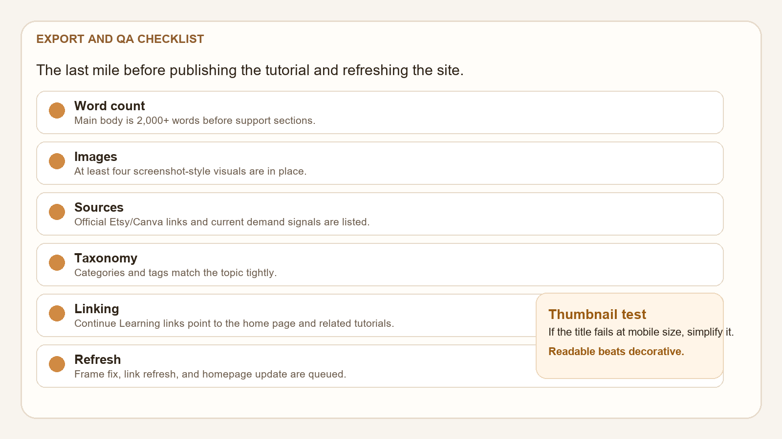 Screenshot-style checklist for exporting the scorecard workbook and checking the Etsy draft