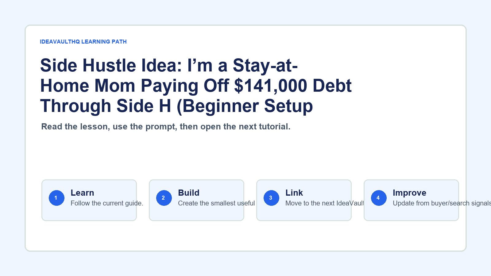 Original IdeaVaultHQ learning path graphic for Side Hustle Idea: I’m a Stay-at-Home Mom Paying Off $141,000 Debt Through Side H (Beginner Setup Plan)