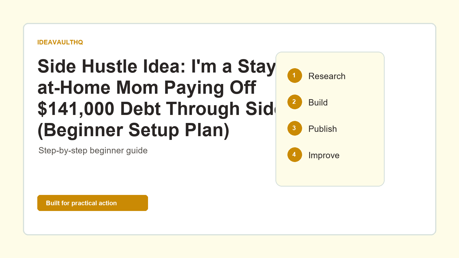 Custom IdeaVaultHQ graphic for planning a beginner side hustle around I'm a Stay-at-Home Mom Paying Off $141,000 Debt Through Side Hustles - Business Insider